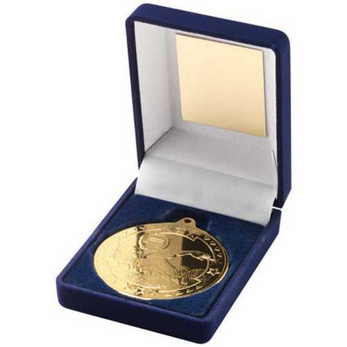 BLUE VELVET BOX AND 50mm MEDAL SWIMMING TROPHY GOLD - 3.5in