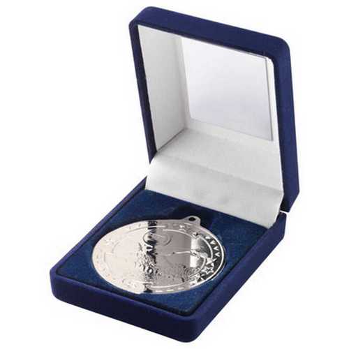 BLUE VELVET BOX AND 50mm MEDAL SWIMMING TROPHY GOLD - 3.5in