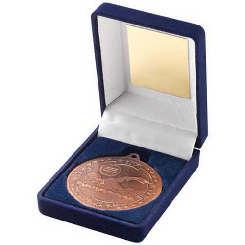 BLUE VELVET BOX AND 50mm MEDAL SWIMMING TROPHY GOLD - 3.5in