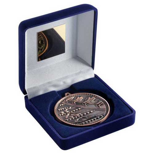 BLUE VELVET BOX AND 60mm MEDAL SWIMMING TROPHY ANTIQUE GOLD - 4in