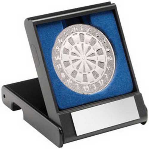 BLACK PLASTIC BOX WITH DARTS INSERT TROPHY GOLD - 3.5in