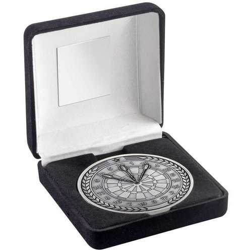 BLACK VELVET BOX AND 70mm MEDALLION DARTS TROPHY ANTIQUE GOLD - 4in