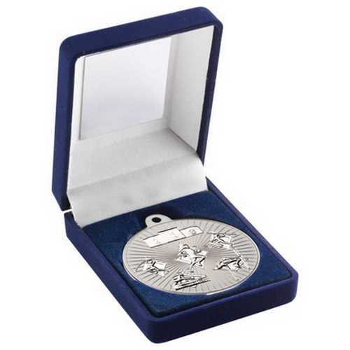 BLUE VELVET BOX AND 50mm MULTI ATHLETICS MEDAL TROPHY MATT SILVER/GOLD - 3.5in