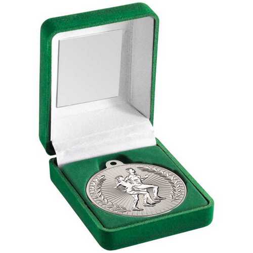 GREEN VELVET BOX AND 50mm RUNNING MEDAL TROPHY MATT SILVER/GOLD - 3.5in