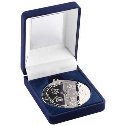 BLUE VELVET MEDAL BOX AND 50mm MEDAL MULTI ATHLETICS TROPHY GOLD - 3.5in