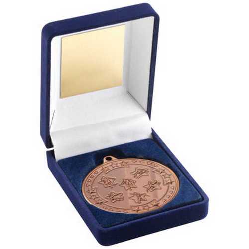 BLUE VELVET MEDAL BOX AND 50mm MEDAL MULTI ATHLETICS TROPHY GOLD - 3.5in