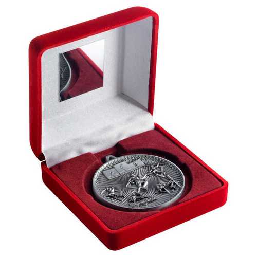 RED VELVET BOX AND 60mm MEDAL ATHLETICS TROPHY ANTIQUE GOLD - 4in