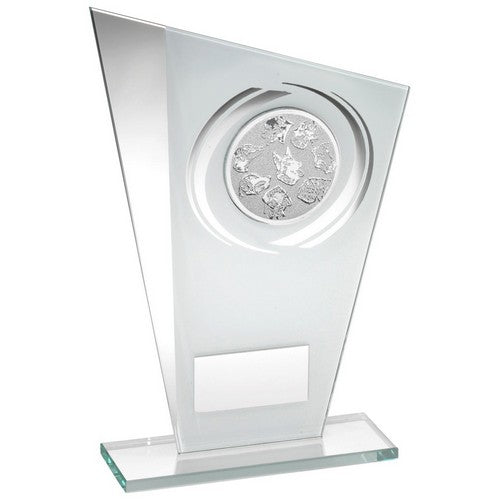 WHITE/SILVER PRINTED GLASS PLAQUE WITH DOG INSERT WITH PLATE