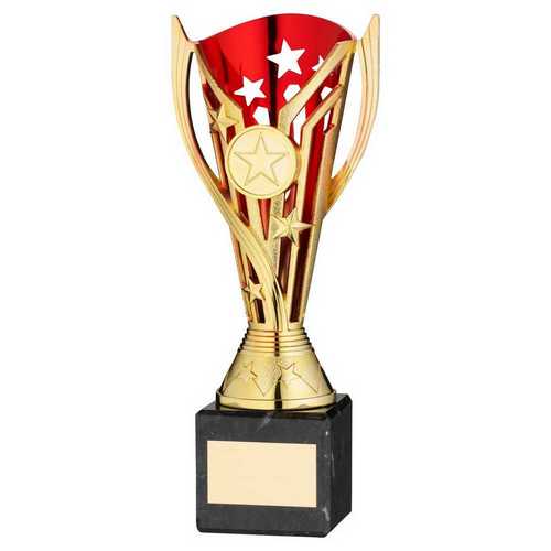 GOLD/RED PLASTIC 'FLASH' CUP ON BLACK MARBLE ASSEMBLED TROPHY (1" CEN)