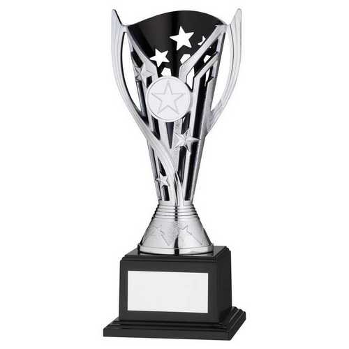 SILVER/BLACK PLASTIC 'FLASH' CUP ON BASE ASSEMBLED TROPHY (1" CEN)