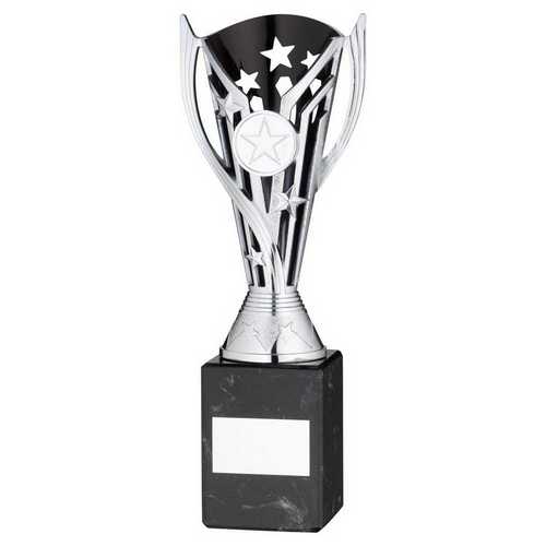 SILVER/BLK PLASTIC 'FLASH' CUP ON BLK MARBLE ASSEMBLED TROPHY (1" CEN)