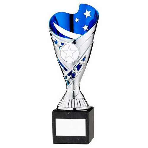 SILVER/BLUE PLASTIC 'SABRE' CUP ON BLK MARBLE ASSEMBLED TROPHY (1" CEN)