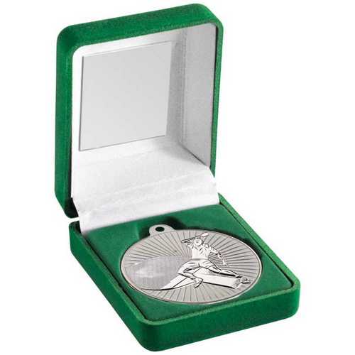 GREEN VELVET BOX AND 50mm TABLE TENNIS MEDAL TROPHY MATT SILVER/GOLD - 3.5in