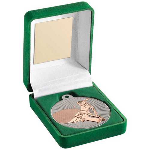 GREEN VELVET BOX AND 50mm TABLE TENNIS MEDAL TROPHY MATT SILVER/GOLD - 3.5in