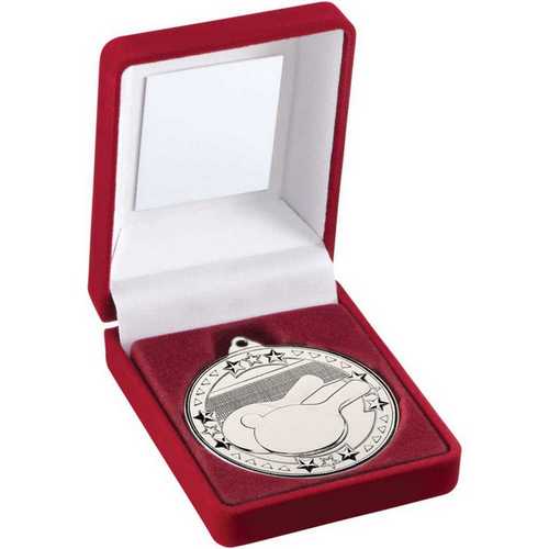 RED VELVET BOX AND 50mm MEDAL TABLE TENNIS TROPHY GOLD - 3.5in