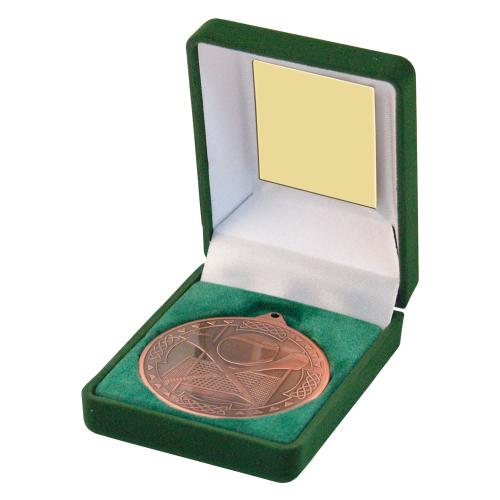 GREEN VELVET BOX AND HURLING 50mm MEDAL TROPHY GOLD - 3.5in