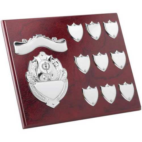 ROSEWOOD PLAQUE WITH CHROME FRONTS AND RECORD SHIELDS (1in CEN)