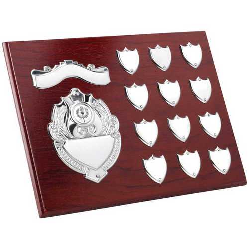 ROSEWOOD PLAQUE WITH CHROME FRONTS AND RECORD SHIELDS (1in CEN)