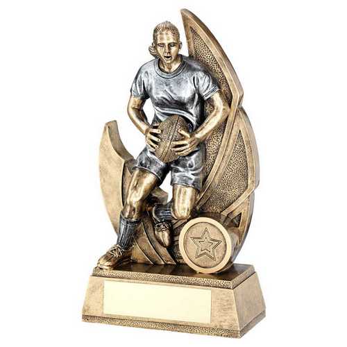 BRZ/PEW FEMALE RUGBY FIGURE ON BACKDROP WITH PLATE (1in CENTRE)