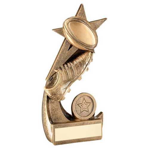 BRZ/GOLD RUGBY BALL AND BOOT ON SHOOTING STAR WITH PLATE (1in CENTRE)