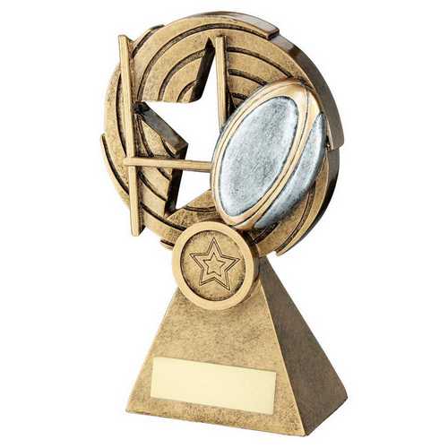 BRZ/PEW/GOLD RUGBY BALL AND POSTS ON HOLED SPIRAL WITH PLATE (1in CEN)