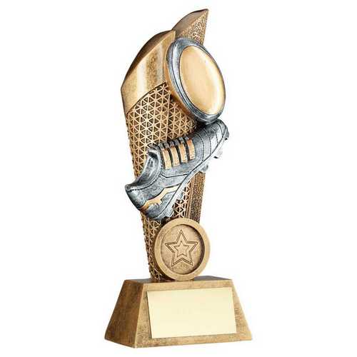 BRZ/PEW/GOLD RUGBY BALL AND BOOT ON MESH BACKDROP WITH PLATE (1in CEN)