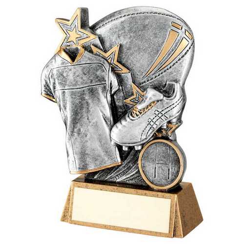 PEW/GOLD RUGBY BALL WITH BOOT/SHIRT ON BRZ BASE WITH PLATE (1in CEN)