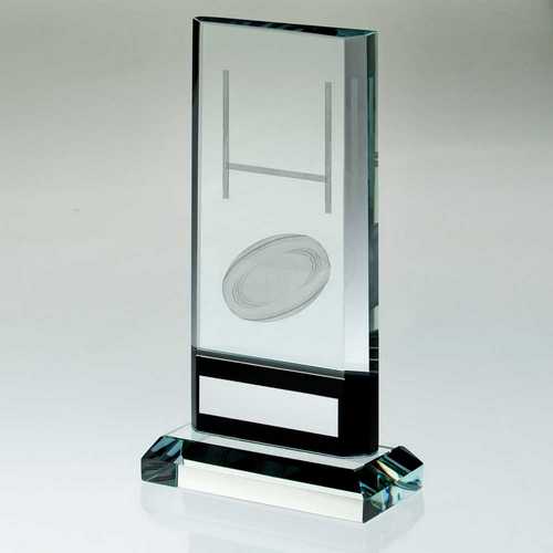 CLEAR/BLACK GLASS WITH LASERED RUGBY IMAGE AND PLATE (15mm THICK)