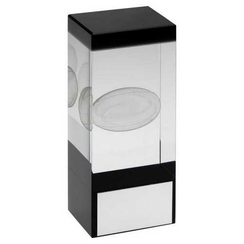 CLEAR/BLACK GLASS BLOCK WITH LASERED RUGBY IMAGE WITH PLATE