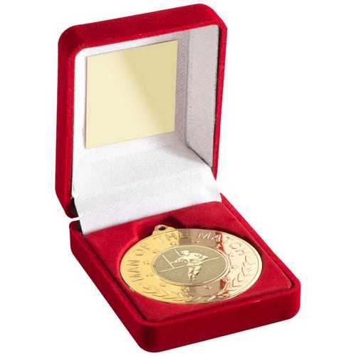RED VELVET BOX AND 50mm MEDAL WITH RUGBY INSERT 'M.O.T.M' TROPHY GOLD - 3.5in