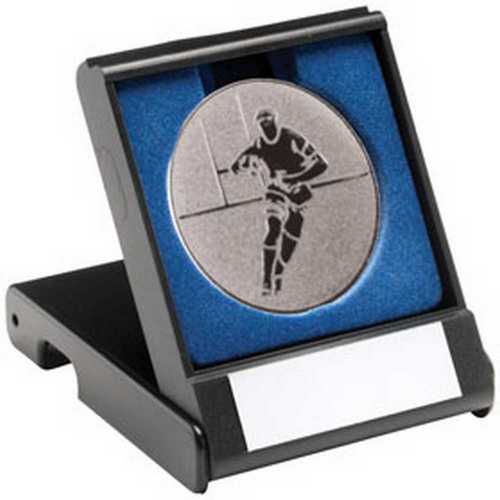 BLACK PLASTIC BOX WITH RUGBY INSERT TROPHY GOLD - 3.5in