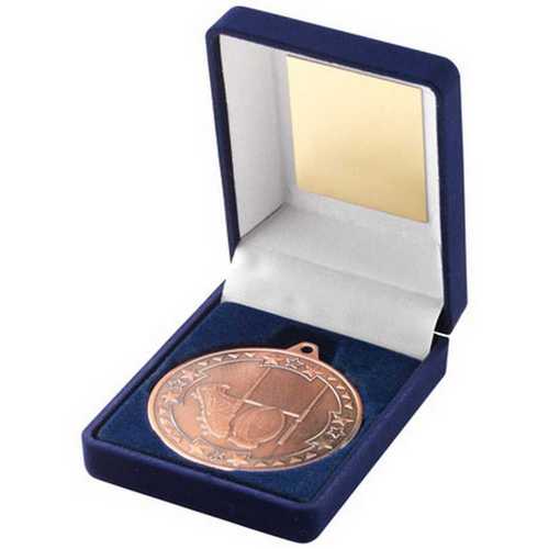 BLUE VELVET BOX AND 50mm MEDAL RUGBY TROPHY GOLD - 3.5in