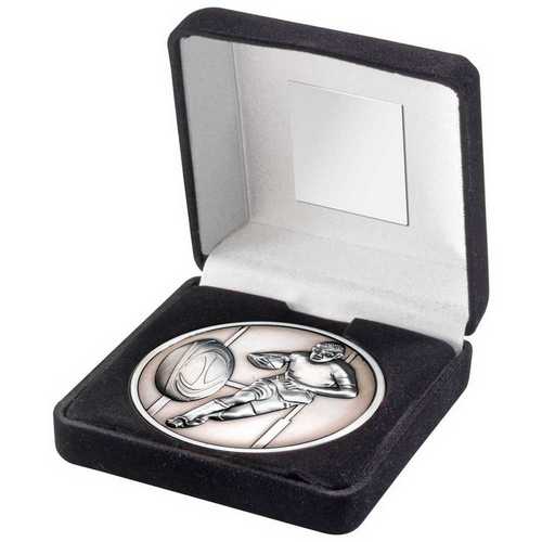 BLACK VELVET BOX AND 70mm MEDALLION RUGBY TROPHY ANTIQUE GOLD - 4in