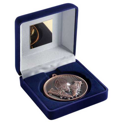 BLUE VELVET BOX AND 60mm MEDAL RUGBY TROPHY ANTIQUE GOLD - 4in