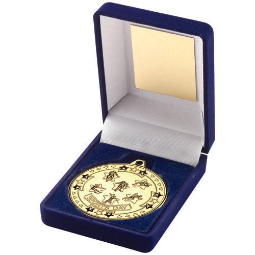 BLUE VELVET BOX AND 50mm SPORTS DAY MEDAL TROPHY GOLD - 3.5in