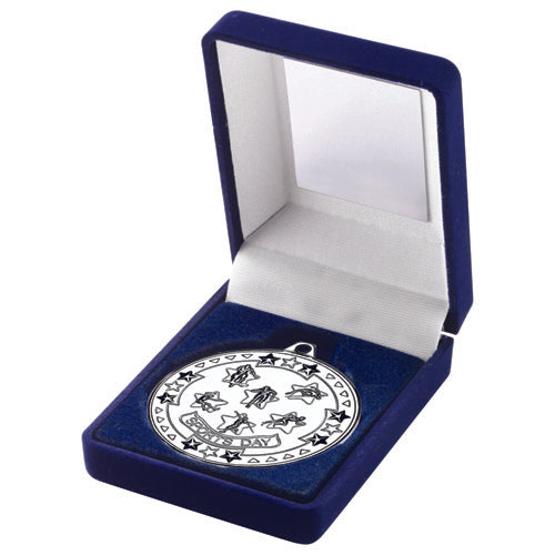 BLUE VELVET BOX AND 50mm SPORTS DAY MEDAL TROPHY GOLD - 3.5in