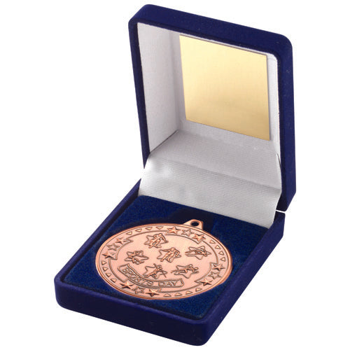 BLUE VELVET BOX AND 50mm SPORTS DAY MEDAL TROPHY GOLD - 3.5in
