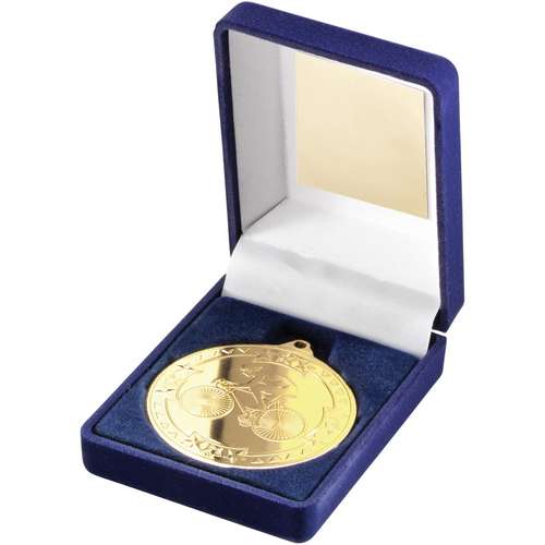 BLUE VELVET BOX AND 50mm MEDAL CYCLING TROPHY GOLD - 3.5in