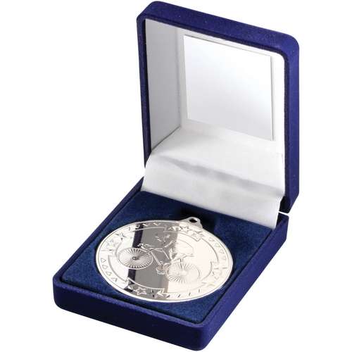BLUE VELVET BOX AND 50mm MEDAL CYCLING TROPHY GOLD - 3.5in