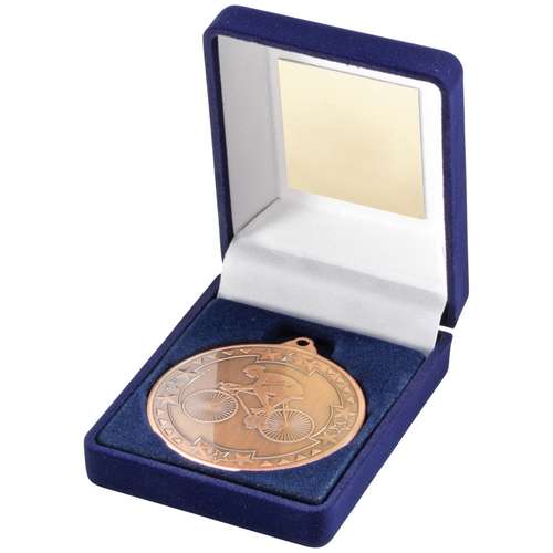 BLUE VELVET BOX AND 50mm MEDAL CYCLING TROPHY GOLD - 3.5in