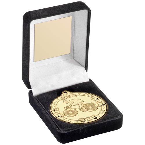 BLACK VELVET MEDAL BOX AND 50mm MEDAL CYCLING TROPHY GOLD - 3.5in