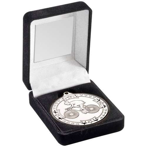 BLACK VELVET MEDAL BOX AND 50mm MEDAL CYCLING TROPHY GOLD - 3.5in