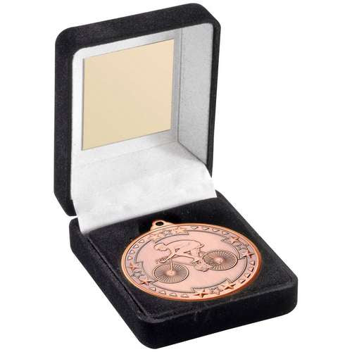 BLACK VELVET MEDAL BOX AND 50mm MEDAL CYCLING TROPHY GOLD - 3.5in