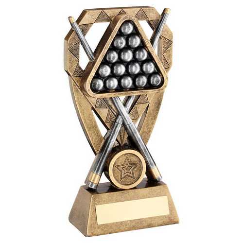 BRZ/PEW/GOLD POOL/SNOOKER BALLS WITH CUES ON DIAMOND WITH PLATE (1in CEN)