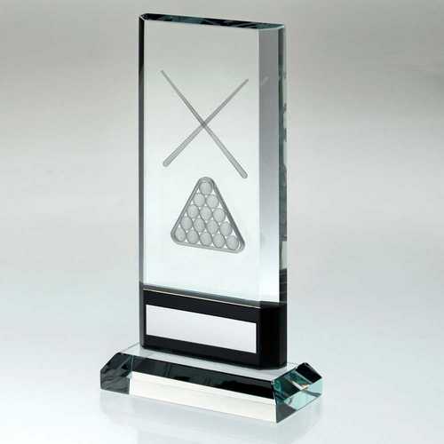 CLEAR/BLACK GLASS WITH LASERED POOL/SNOOKER IMAGE AND PLATE (15mm THICK)