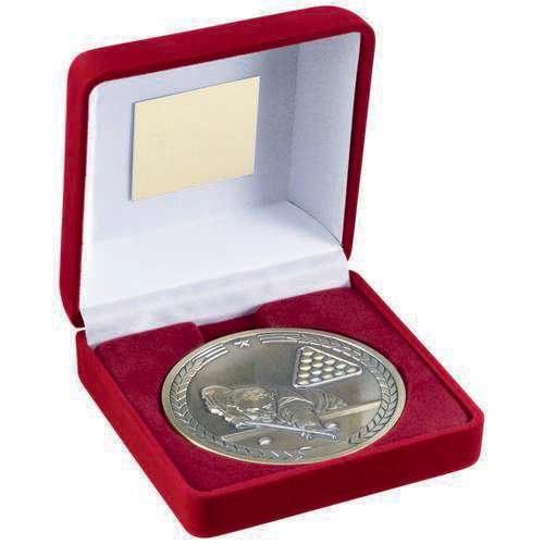 RED VELVET BOX AND 70mm MEDALLION POOL/SNOOKER TROPHY ANTIQUE GOLD - 4in