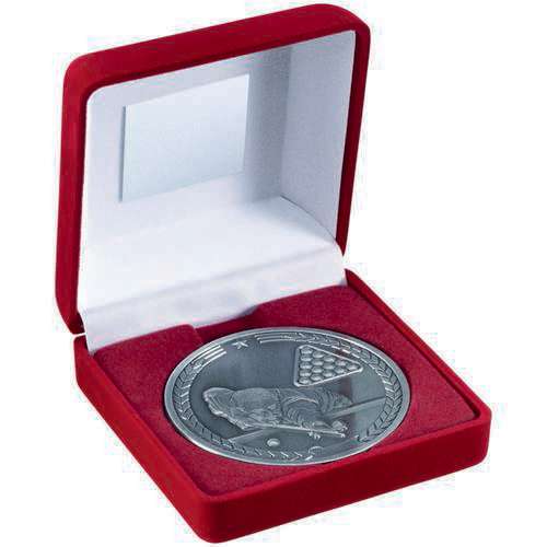 RED VELVET BOX AND 70mm MEDALLION POOL/SNOOKER TROPHY ANTIQUE GOLD - 4in