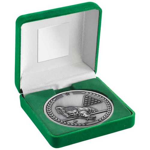 GREEN VELVET BOX AND 70mm MEDALLION POOL/SNOOKER TROPHY ANTIQUE GOLD - 4in