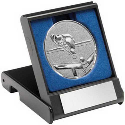 BLACK PLASTIC BOX WITH POOL/SNOOKER INSERT TROPHY GOLD - 3.5in