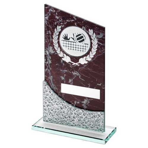 BROWN MARBLE PRINTED GLASS PLAQUE WITH VOLLEYBALL INSERT AND PLATE